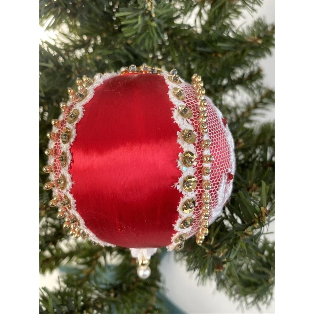 Red Satin Handmade Push Pin Christmas Ornament Lace Candle Scene Made by Van